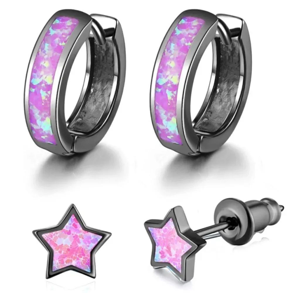 14K Black Gold with Genuine Purple Fire Opal Huggie Star Stud Earrings Set of 2